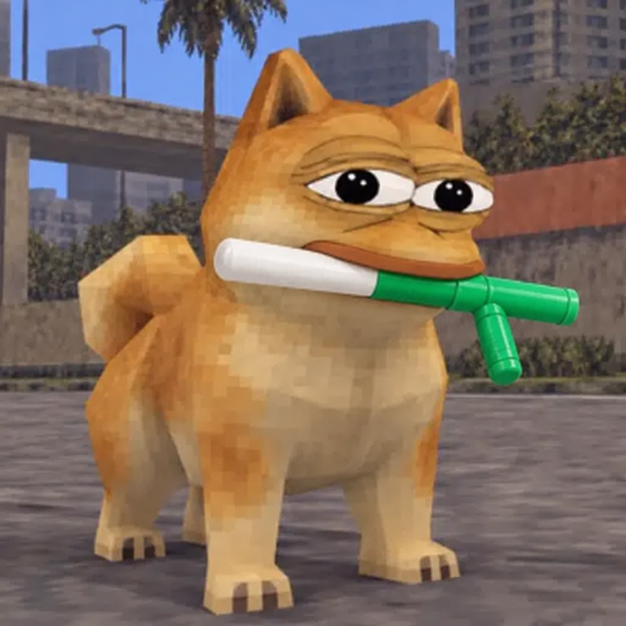 Golden cartoon mascot with big eyes holding a green baton in a city street